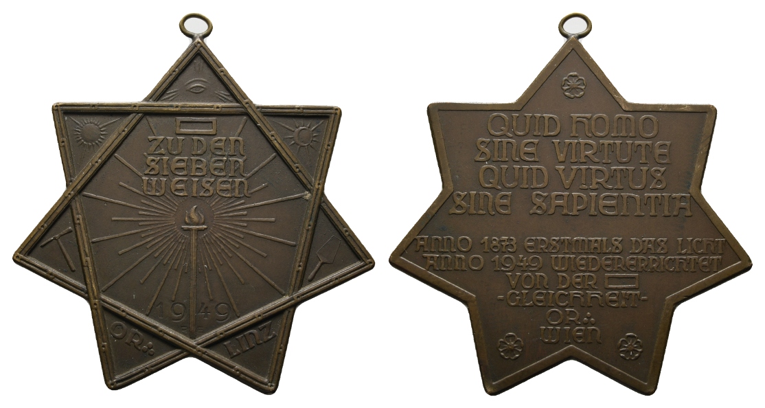  Medaille; Freimaurer; Linz 1949; Wien; Bronze; gehenkelt.; 65,65 g, Ø 67,73 mm   