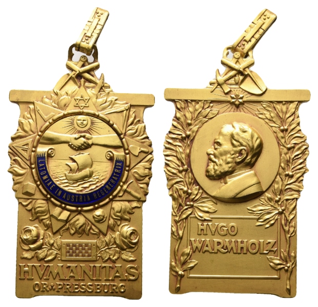  Medaille; Freimaurer; Pressburg; H. Warmholz; verg. Bronze; gehenk.; 62,59 g, H 79,23mm x B 46,03mm   