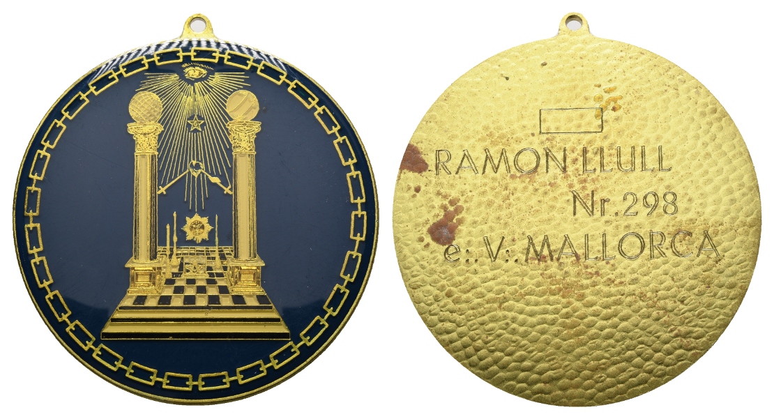  Medaille; Freimaurer; Ramon Llull; Mallorca; unedel; gehenkelt; 91,73 g, Ø 68,57 mm   