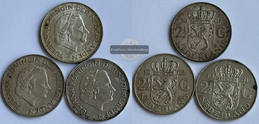  Niederlande 3x 2 1/2 Gulden 1961-1962  KM#185 FM-Frankfurt Feinsilber: 32,4   