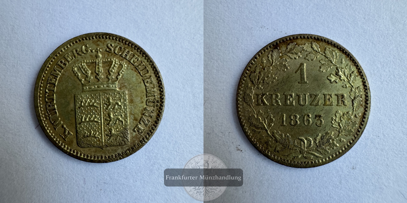  DE Württemberg / 1 Kreuzer 1863 William I FM-Frankfurt KM#600 Feinsilber: 0,14g   