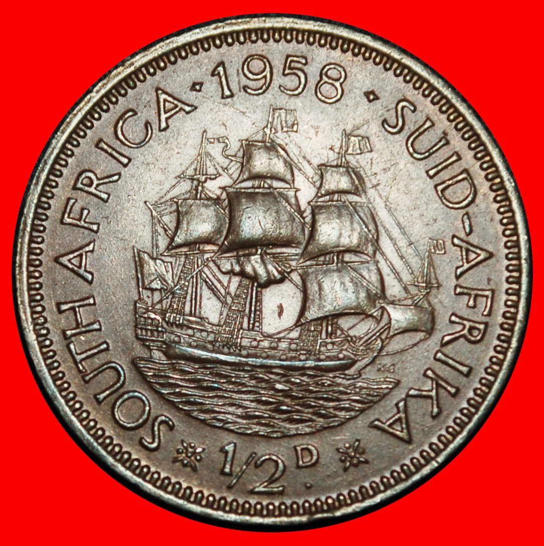 Ⰶ SHIP (1953-1960): SOUTH AFRICA ★ 1/2 PENNY 1958! ELIZABETH II (1953-2022)★LOW START ★ NO RESERVE!