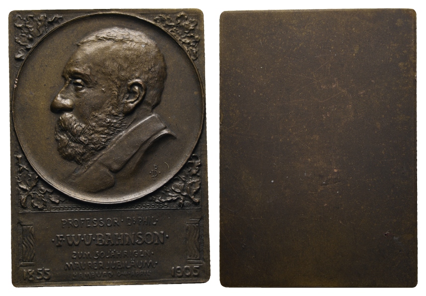  Medaille 1905 ; Hamburg; 50jähr. Maurer Dienstjubiläum; Prof. Bahnson; Bronze; 52,53 g, H60,5 x B43   