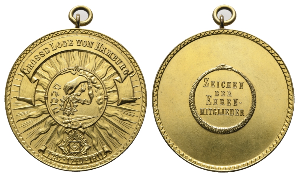  Medaille; Freimaurer; Große Loge von Hamburg; vergoldet; tragbar; 77,11 g, Ø 59,66 mm   