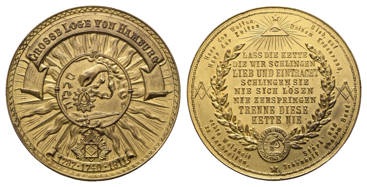  Medaille; Freimaurer; Große Loge von Hamburg; vergoldet; 53,32 g, Ø 59,70 mm   