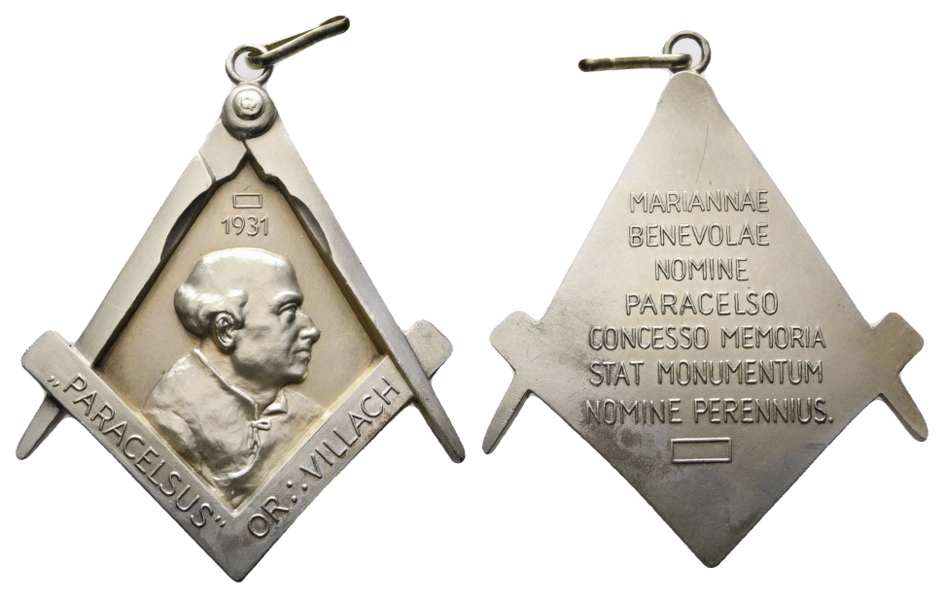  Medaille;Freimaurer;Paracelsus Klagenfurt 1931; vers. Bronze; gehenk.; 82,64g, H 81,25mm x B 65,76mm   