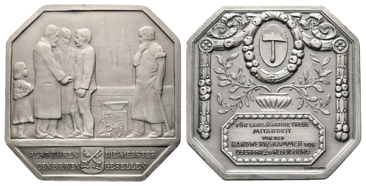  Medaille/Plakette; Handwerkskammer von Oberpfalz und Regensburg; 60,53 g, H 54,1 mm x B 54,1 mm;   
