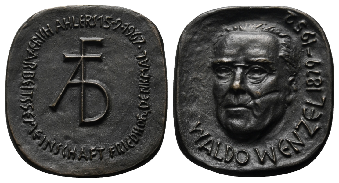  Medaille; Waldo Wenzel; Erich Ahlers 1967; Arbeitsgem. Friedhof; 649 g, H 109,1 mm x B 102,1 mm   