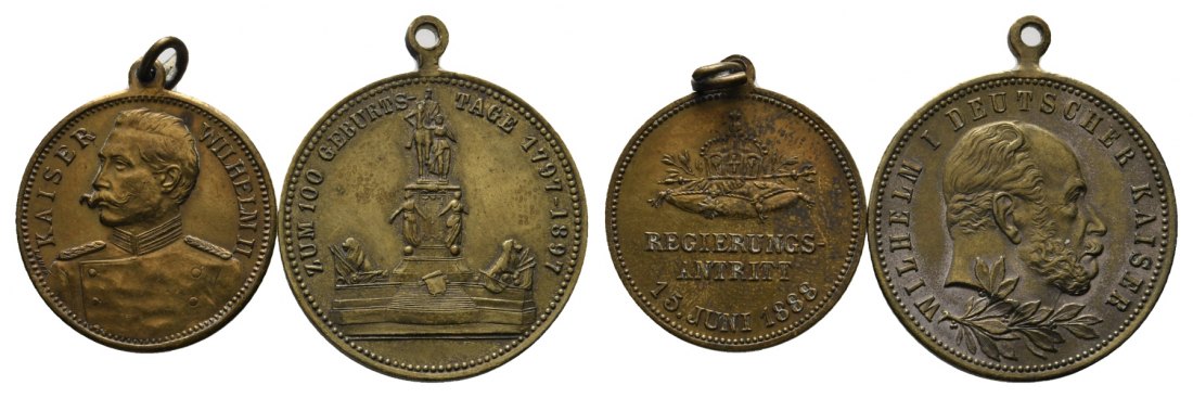  2x Medaillen; Kaiser Wilhelm 1888; Wilhelm I. 100. Geburtstag 1897; gehenkelt   