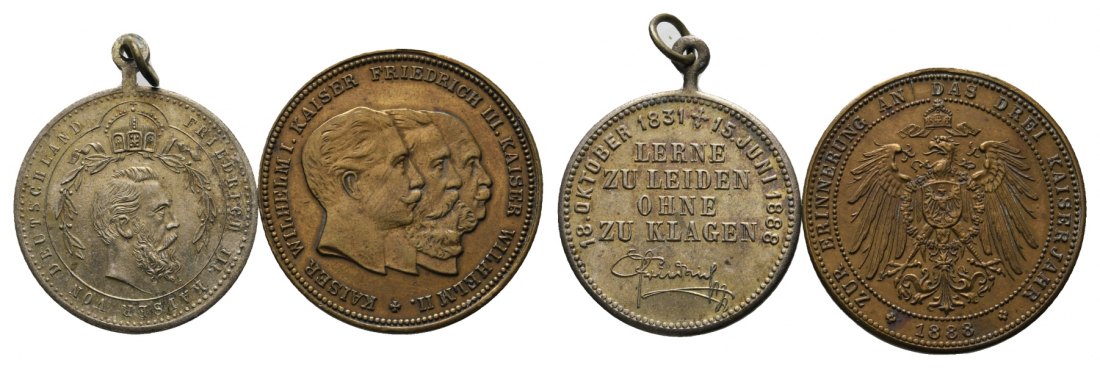  2x Medaillen; Friedrich III. 1888; Dreikaiserreich 1888; 1x gehenkelt, 1x Henkelspur   