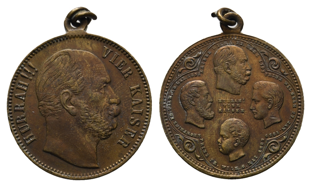  Medaille; Hurrah!!! Vier Kaiser; Bronze; gehenkelt; 9,59 g; Ø 30,4 mm   