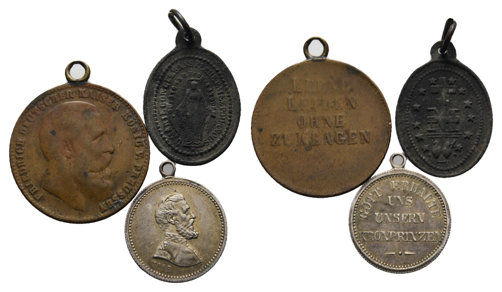 3 Medaillen; Friedrich Deutscher Kaiser König v. Preussen; Friedrich III.; gehenkelt   