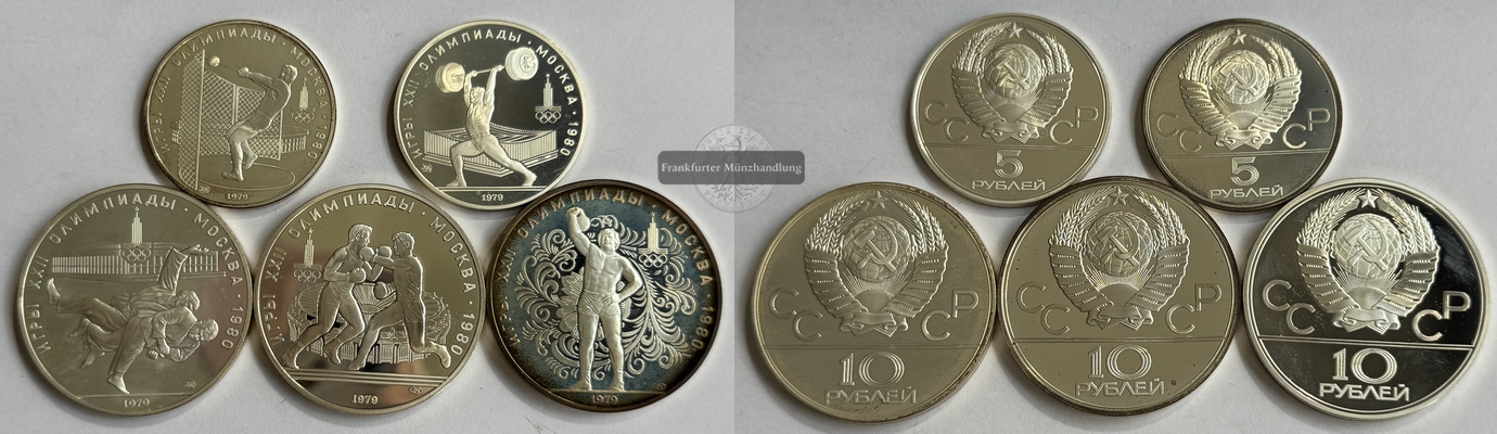  Russland Olympische Spiele Moscow 1980 Rubel 2x5/3x10  FM-Frankfurt Feinsilber: insg. 119,9g   