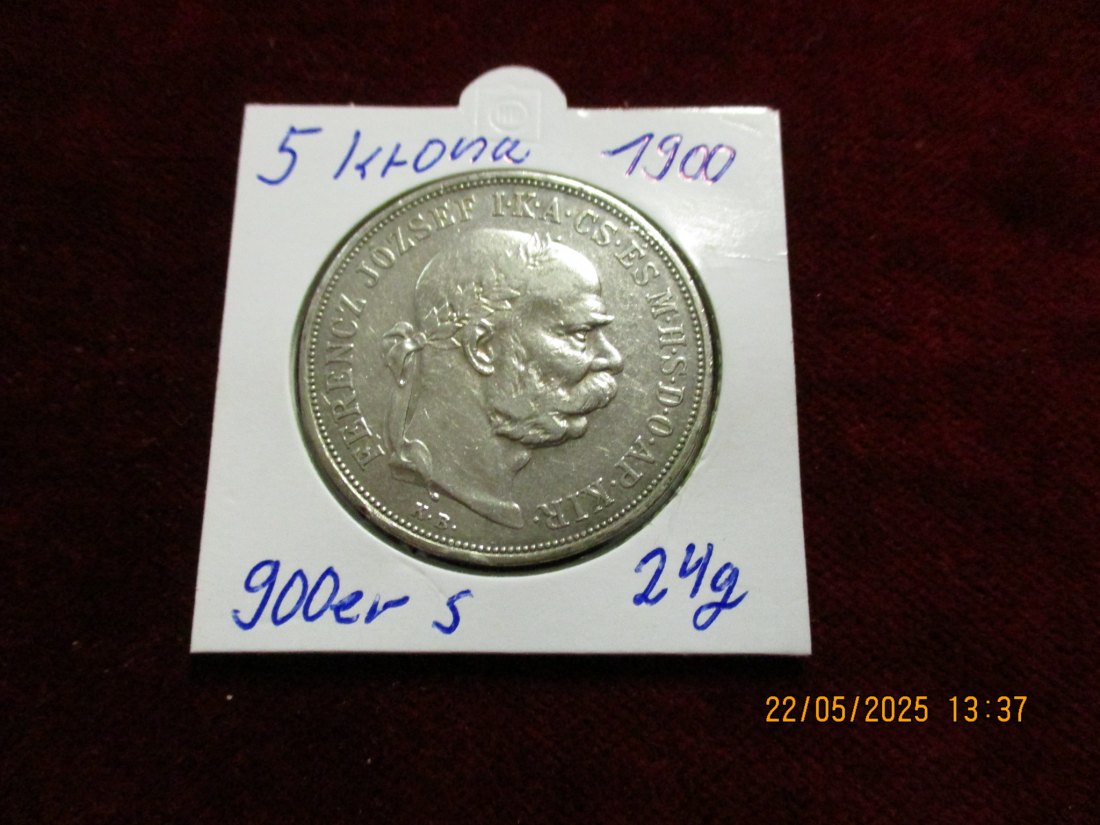  Silber- Münze Ungarn 5 Korona 1900  Franz Josef I 900er Silber 24g rau - 1101455   
