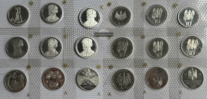  Deutschland 9 x 10 DM  verschiedene 1997-1998 Gedenkmünzen FM-Frankfurt Feinsilber: 87,21g   