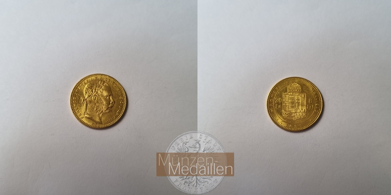 Ungarn MM-Frankfurt Feingold: 5,81g 8 Forint / 20 Franken 1881 