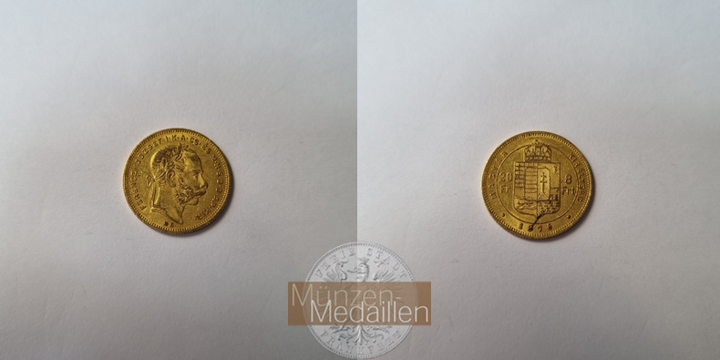 Ungarn, Königreich 1867-1918 MM-Frankfurt Feingewicht 5,81g 8 Forint / 20 Franken 1876 KB 