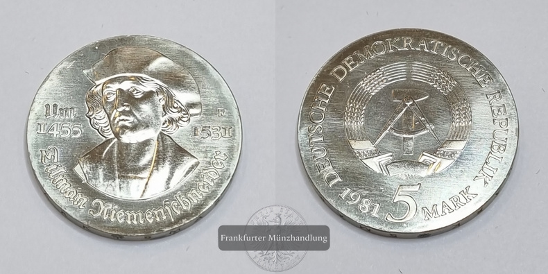  DDR 1981 5 Mark, 450. Todestag von Tilman Riemenschneider FM-Frankfurt   