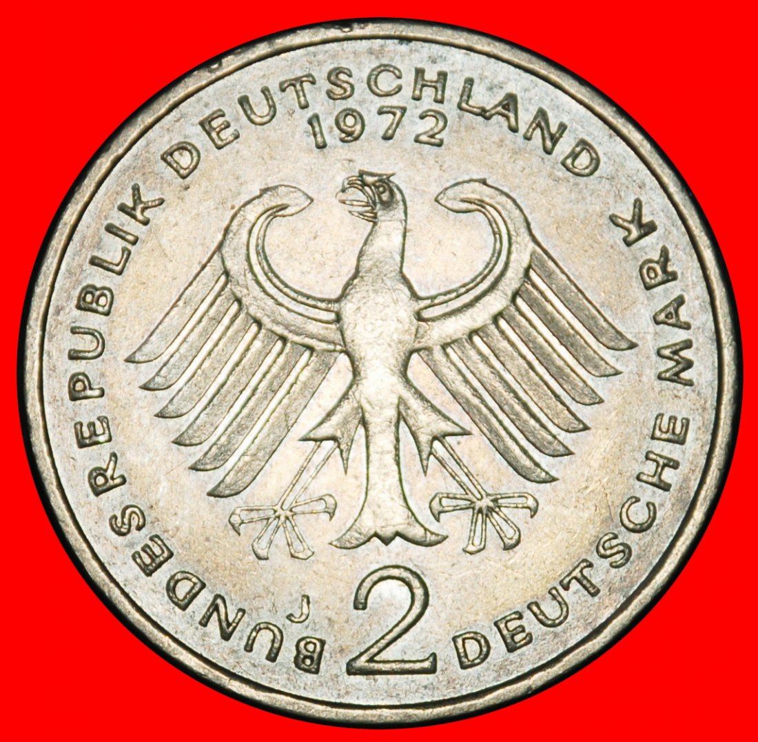  Ⰶ ADENAUER (1876-1967): DEUTSCHLAND ★ 2 MARK 1972J I+A+r1! HAMBURG 1949-1969! ★OHNE VORBEHALT!   