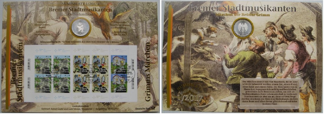  2017, Germany, Numismatics Coin-Card/Sheet: Town Musicians of Bremen with 20 Euro Silver Coin (.925)   