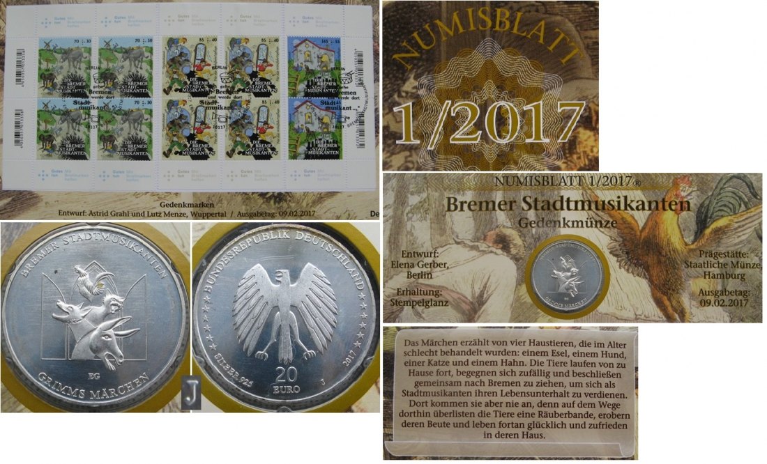  2017, Germany, Numismatics Coin-Card/Sheet: Town Musicians of Bremen with 20 Euro Silver Coin (.925)   
