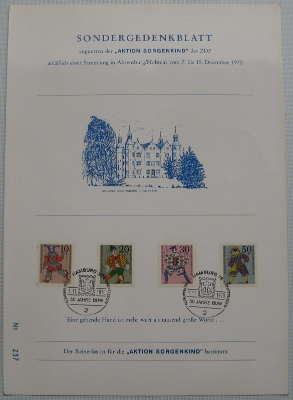  1970, Deutschland, Sondergedenkblatt mit Mi DE 650-653  Wohlfahrt: Puppen   