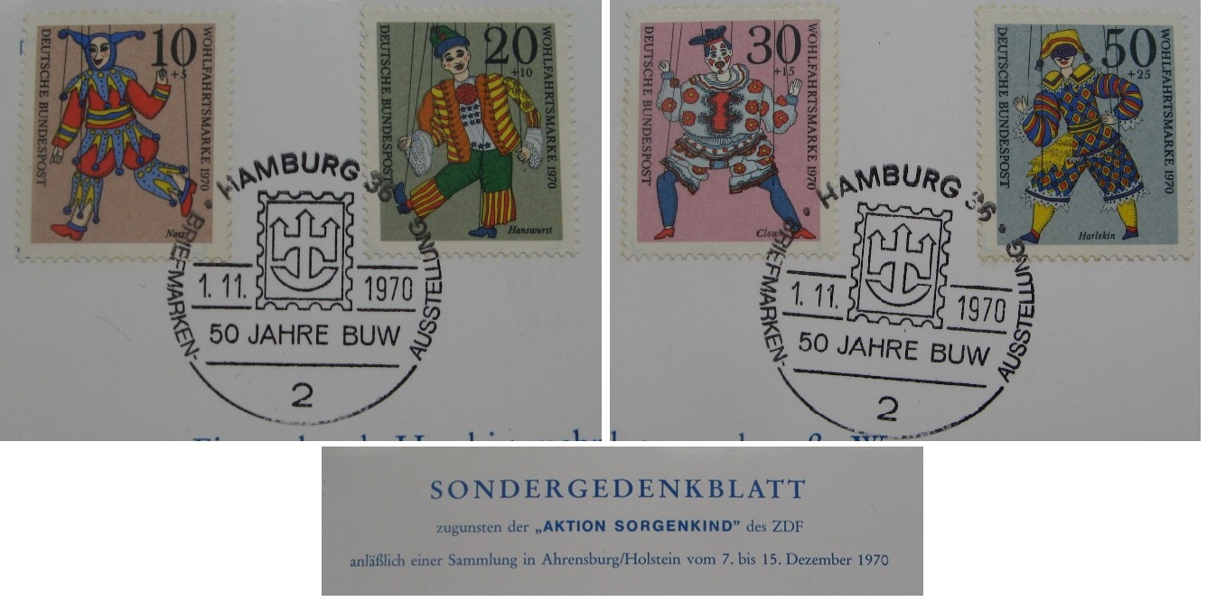  1970, Deutschland, Sondergedenkblatt mit Mi DE 650-653  Wohlfahrt: Puppen   