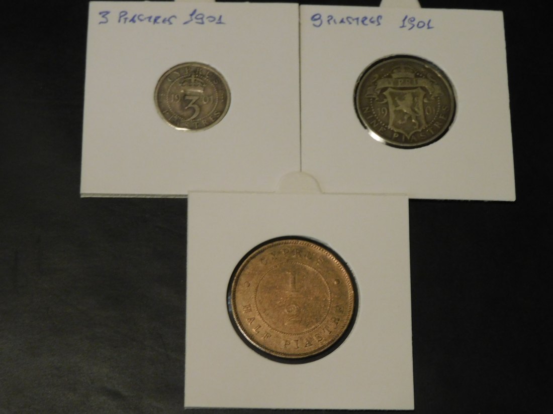  CYPRUS 1/2 PIASTRE 1890- 3 AND 9 PIASTRES 1901.GRADE-PLEASE SEE PHOTOS.   