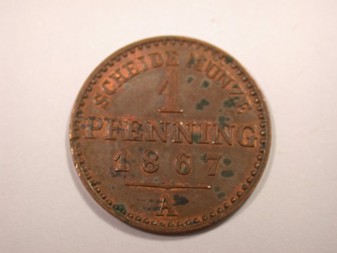 J01 Preussen 1 Pfennig 1867 A in f.st, fleckig Originalbilder