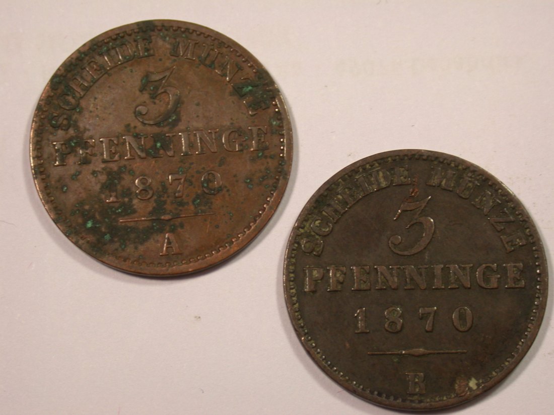 J01 Preussen 3 Pfennig 1870 A + B f.ss/ss 2 Stück Originalbilder