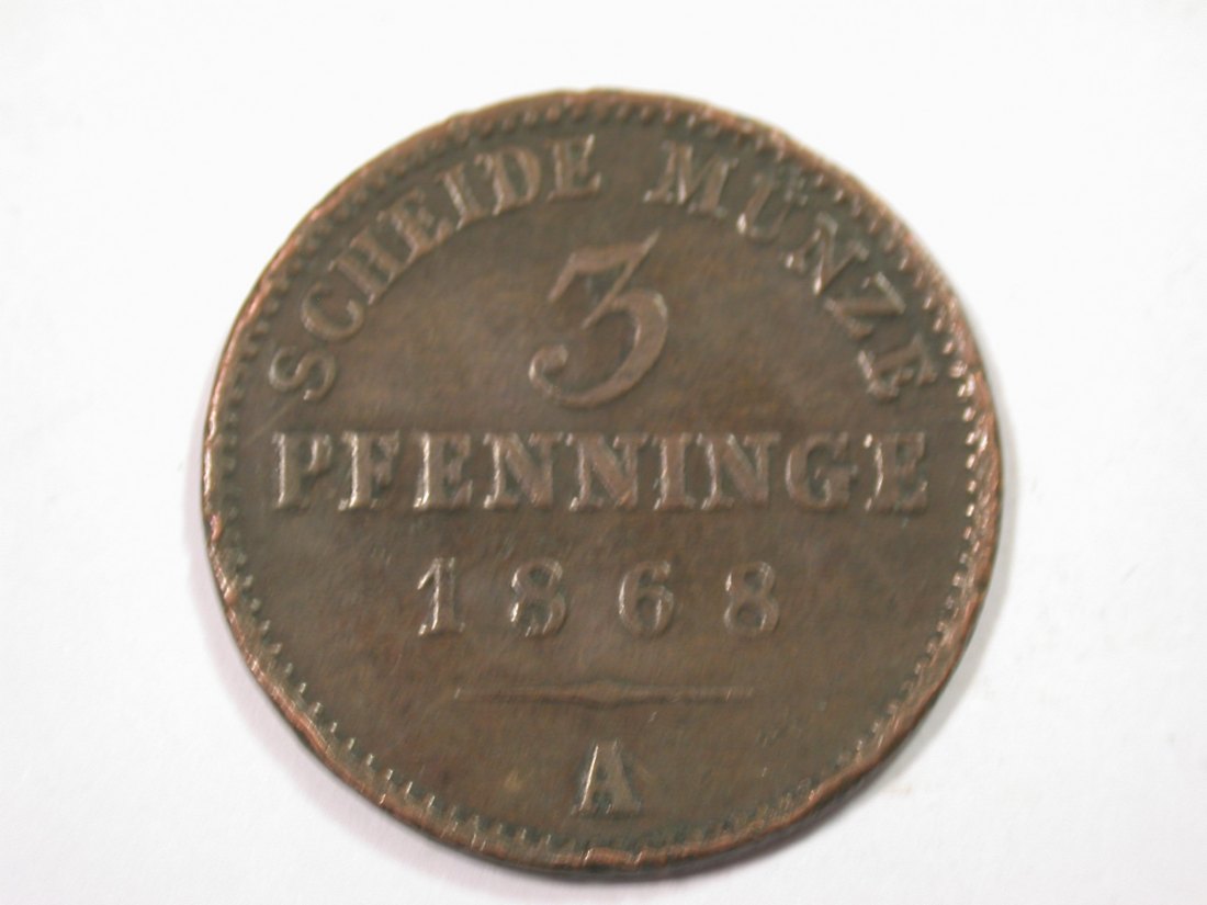 J01 Preussen 3 Pfennig 1868 A in s/ss Originalbilder
