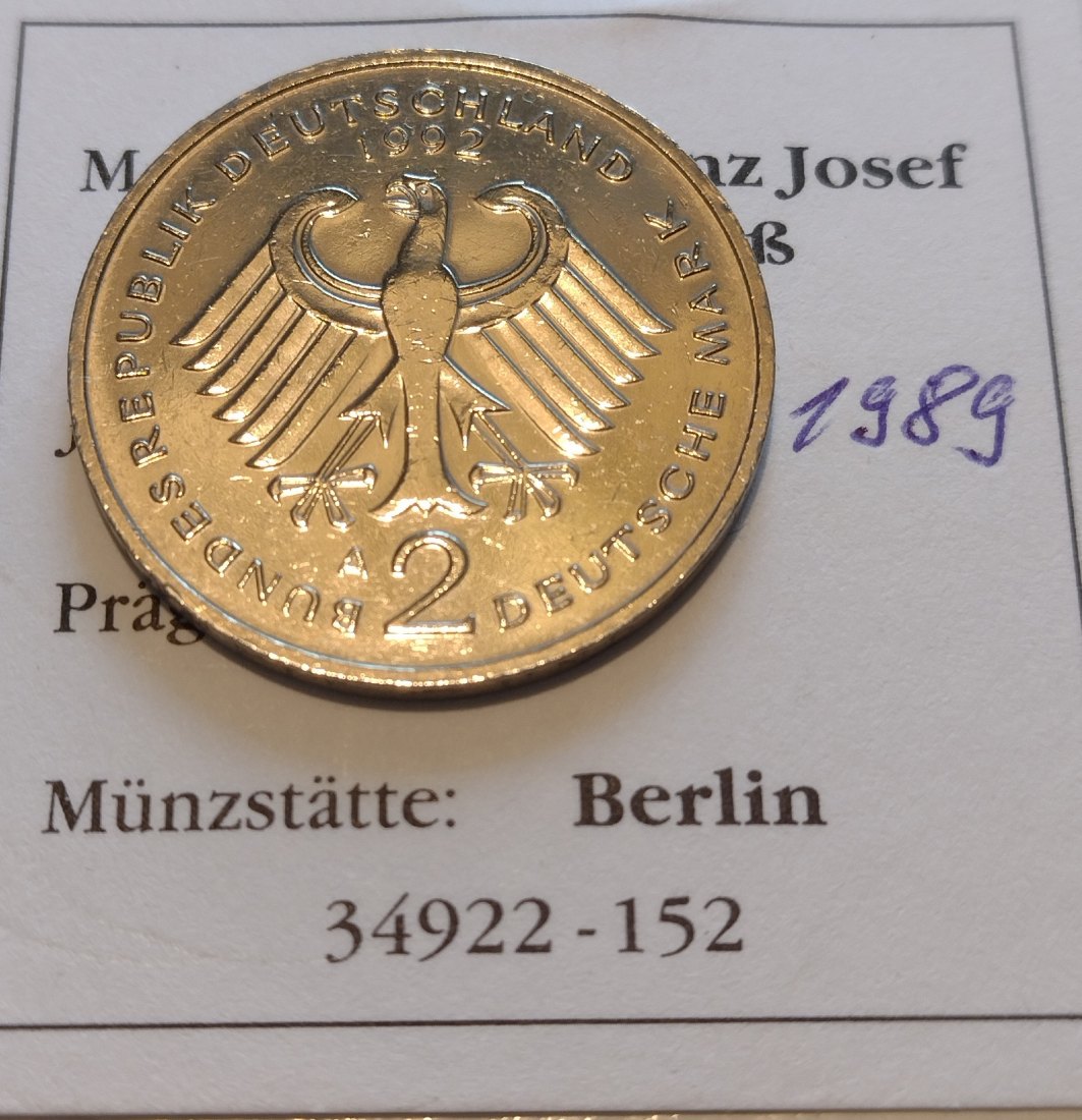  BRD 2 Mark 1989, A Berlin, Franz Josef Strauß   