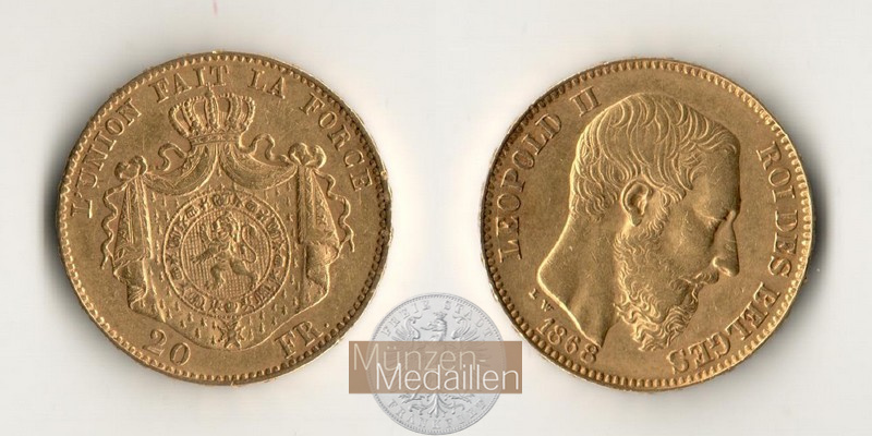 Belgien MM-Frankfurt Feingold: 5,81g 20 Francs 1868 sehr schön