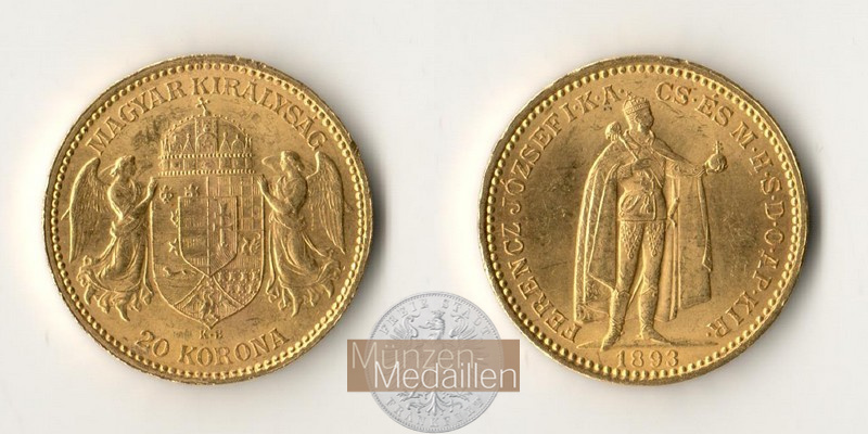 Ungarn, Franz Joseph I (1848-1916) MM-Frankfurt Feingewicht: 6,102g 20 Korona 1893 