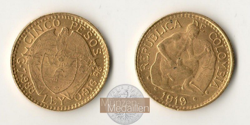 Kolumbien, Republik seit 1911. Feingold: 7,32g 5 Pesos 1919 