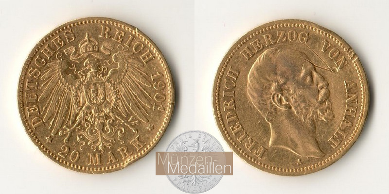 Deutsches Kaiserreich, Anhalt. MM-Frankfurt Feingold: 7,17g 20 Mark 1901 A 