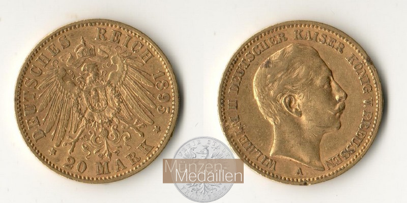 Dt. Kaiserreich. Preussen Wilhelm II. MM-Frankfurt Feingold: 7,17g 20 Mark 1895 A 