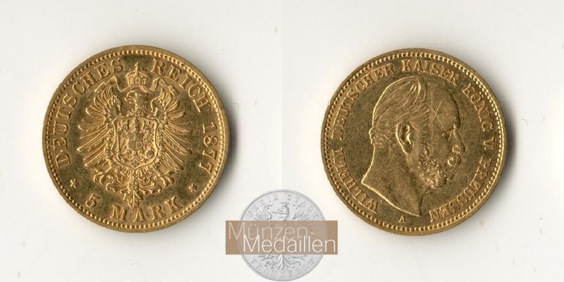 Preussen Kaiserreich, Wilhelm I MM-Frankfurt KM#507 Feingold: 1,79g 5 Mark (1877-1878) 1877 A 