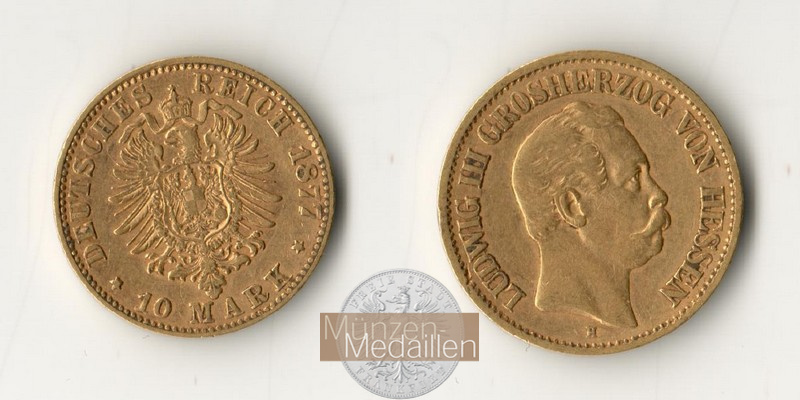 Dt. Kaiserreich. Hessen, Ludwig III. MM-Frankfurt   Feingold: 3,59g 10 Mark 1877 H 