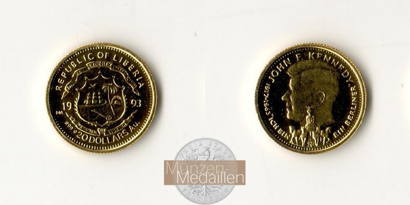 Liberia,  20 Dollar MM-Frankfurt Feingold: 1,24g John F. Kennedy 1993 