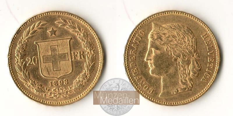 Schweiz MM-Frankfurt Feingold: 5,81g 20sFR 1893 B ss