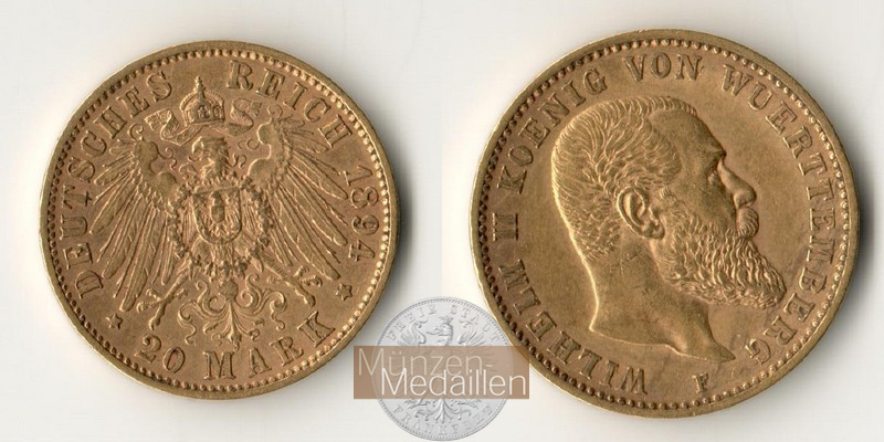 Deutschland, Württemberg MM-Frankfurt Feingold: 7,13g 20 Mark (Wilhelm II.) 1894 F 