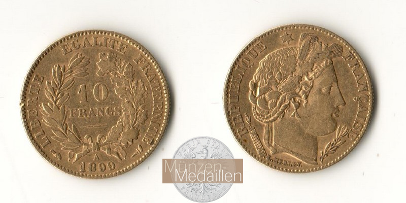 Frankreich MM-Frankfurt Feingold: 2,9g 10 Francs 1899 A 