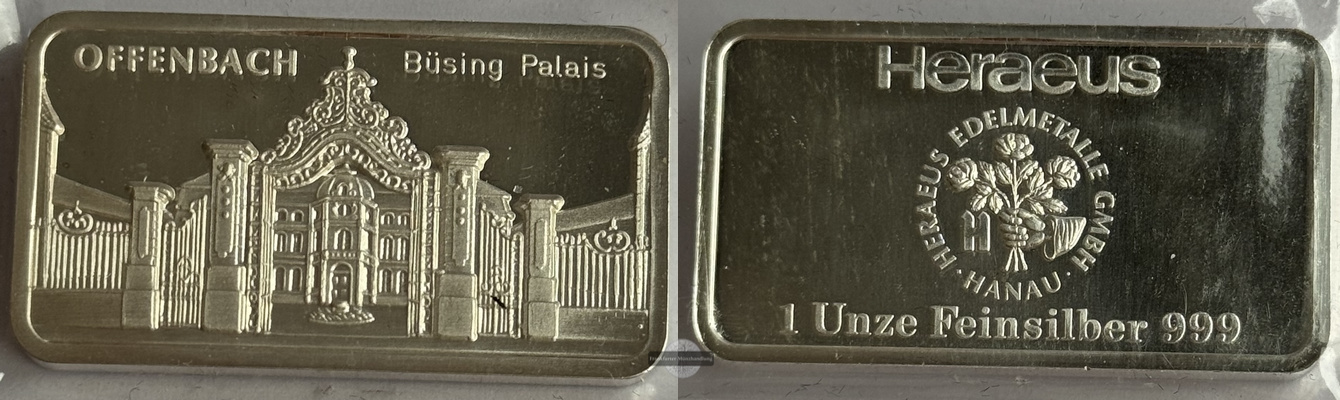  Deutschland  Offenbach am Main  Silberbarren 1oz Heraeus  FM-Frankfurt   Feinsilber: 31,1g   