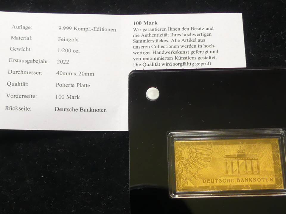  Goldnote „100 DM“ 1/200 Unze 999er Gold, PP, mit Zertifikat   