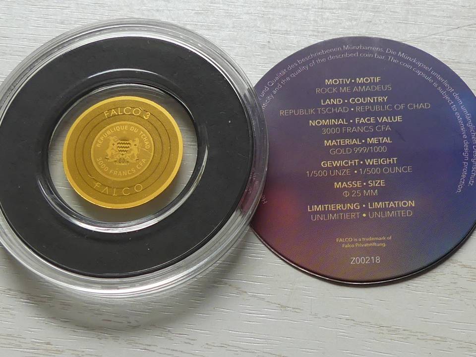  Mini-Goldmünze „Rock me Amadeus“ 1/500 Unze 999er Gold Tschad 3000 Francs   