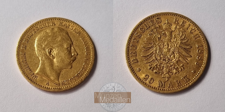 Dt. Kaiserreich. Preussen Wilhelm II. MM-Frankfurt Feingold: 7,17g 20 Mark 1889 A 