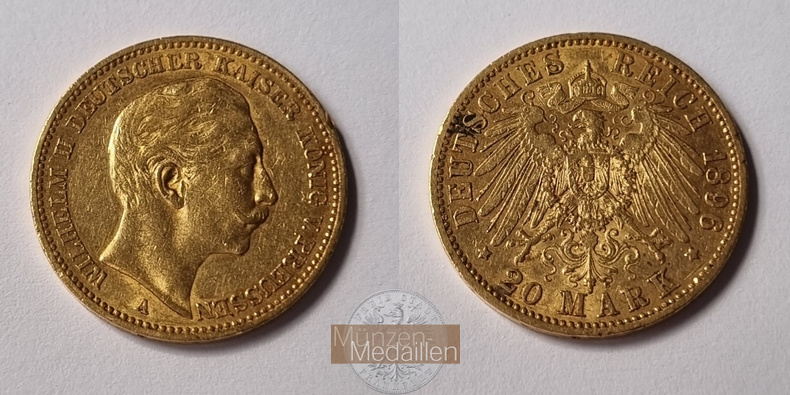 Dt. Kaiserreich Preussen, Wilhelm II. MM-Frankfurt Feingold: 7,17g 20 Mark 1896 A 