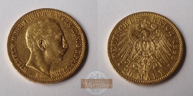 Dt. Kaiserreich Preussen, Wilhelm II. MM-Frankfurt Feingold: 7,17g 20 Mark 1898 A 
