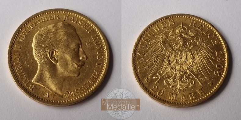 Preussen, Kaiserreich  20 Mark MM-Frankfurt Feingold: 7,17g Wilhelm II. 1908 A 